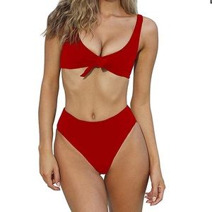 Red Sexy Tie Knot Front High Waist Thong Bikini